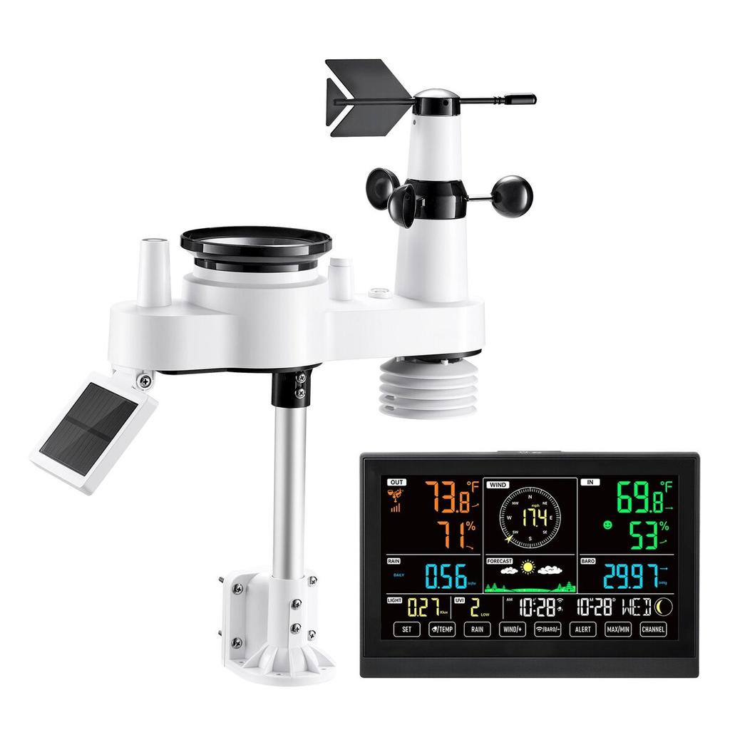 7-in-1 Wi-Fi Weather Station with APP, 190.5 mm VA Display, Wireless Solar Powered Outdoor Sensor, Rain Gauge, Indoor Outdoor for Weather Forecast,