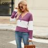 Women's Autumn and Winter New Long-sleeved V-neck Collision Colour Loose T-shirt Button Tops