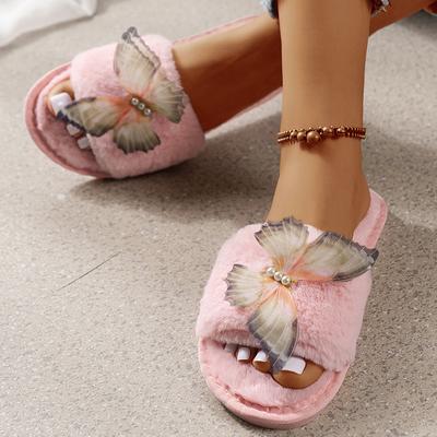 Милые трехмерные пушистые тапочки-бабочки, женские мягкие хлопковые тапочки с открытым носком, женские нескользящие пушистые теплые домашние туфли