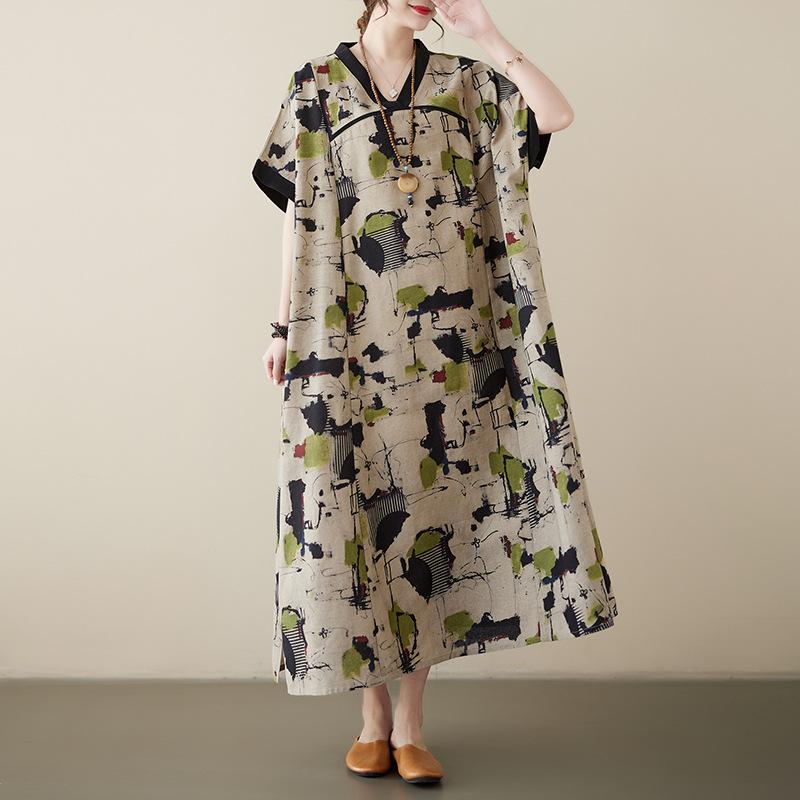 Летнее хлопковое льняное платье с V-образным вырезом, свободное, большого размера, в китайском стиле, ханьфу, улучшенное, средней длины, с короткими рукавами, для женщин, платья