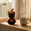 Halloween Wooden Tabletop Ornaments Witch Statue, Retro Felt Style Black Cat Ghost Spooky Theme Desktop Decorations Bat Figures for Shelf Desk,