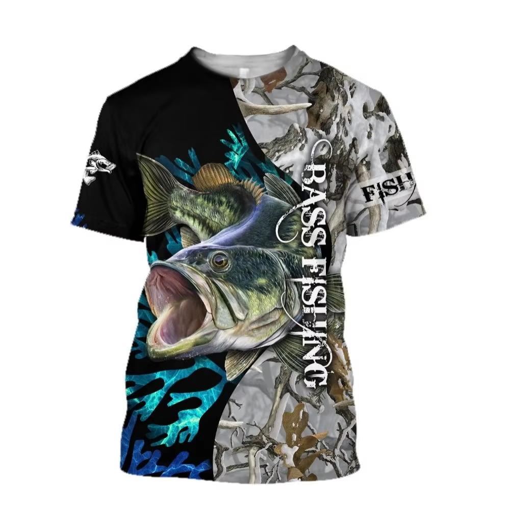 Retro Men's T-shirt, Outdoor Sports Short Sleeved T-shirt with 3D Fishing Print, Men's Casual T-shirt, Loose T-shirt, Men's Streetwear
