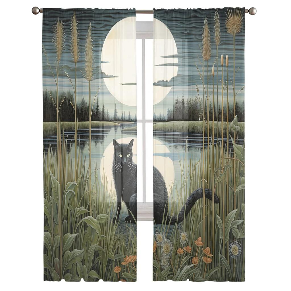 Прозрачные шторы с изображением кота Луны и джунглей для гостиной, спальни, тюлевые занавески для кухни, вуаль, шторы, жалюзи, панели