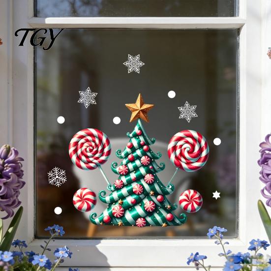 Christmas Atmosphere Room Decor Candy Tree Window Static Sticker, Waterproof PVC Removable Creative Holiday Party Wall Glass Clings, Decorative Decal