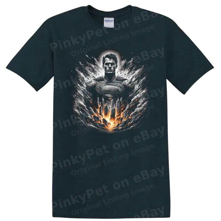 Superhero T Shirt w/ Superman Emblem Fiery City Storm Graphic Tee Art Design