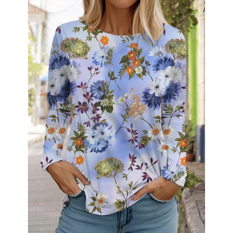 Women's White Long-sleeved Tops Round Neck Casual Tops 3d Printed Flowers Fashion Stickers Printed Women's Long-sleeved T-shirt