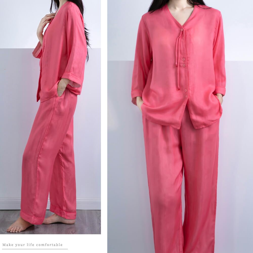 Yes Family Tencel Summer Open Size Red Women's 100% Double-Layered Pajamas, 3/4 Sleeves, Sleepwear, Front, Roomwear, L,