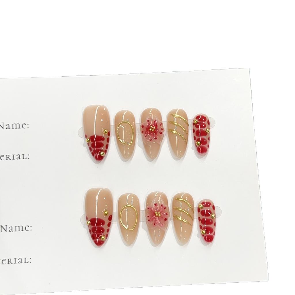 Women Short Almond Press‑On Nails Pure‑Handmade Red Hand‑Painted European American Carved False Nail Patches