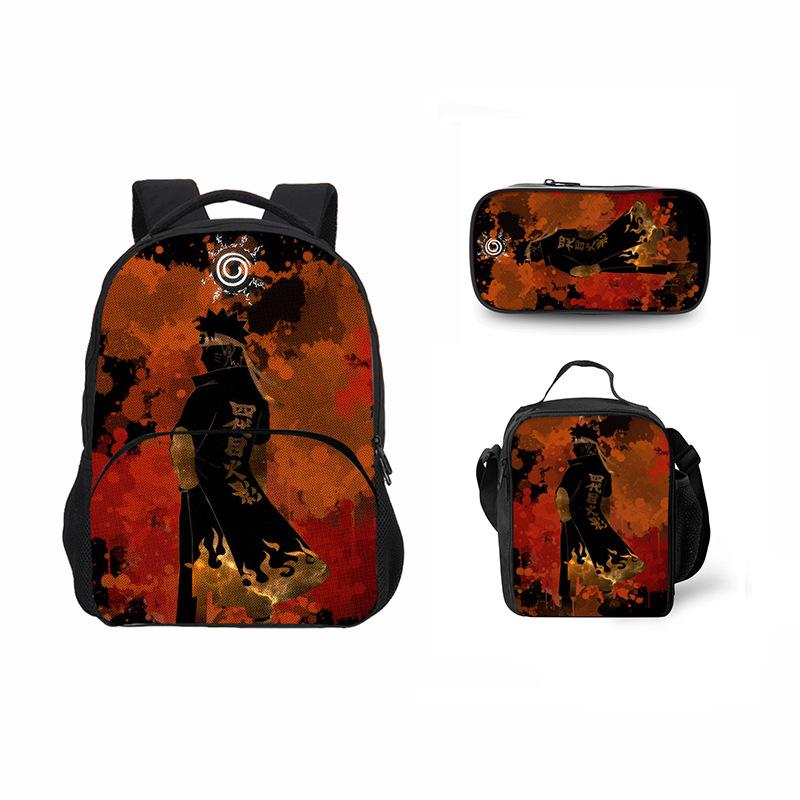 Printed Naruto three-piece set Children's school bag Meal bag Pencil bag Male and female students Backpack