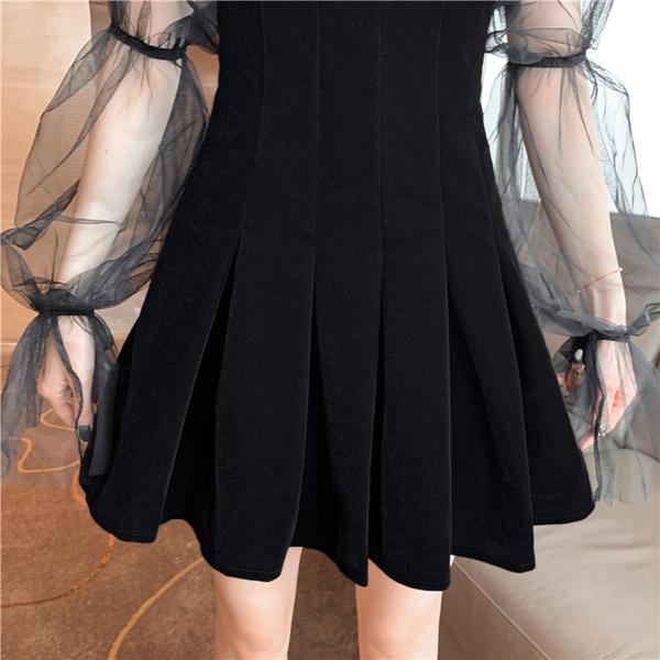 Готическое сексуальное платье, винтажное с открытыми плечами и рукавами-фонарями, сетчатое лоскутное бархатное мини-платье, темное уличное черное платье в стиле Хепберн в стиле гранж для женщин