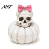 Spooky Desktop Tabletop Accents Gothic Skull Pumpkin Statue, Halloween Bride Groom Figurine, Pink Sweet And Cool Aesthetic Decor Bow on Ornament