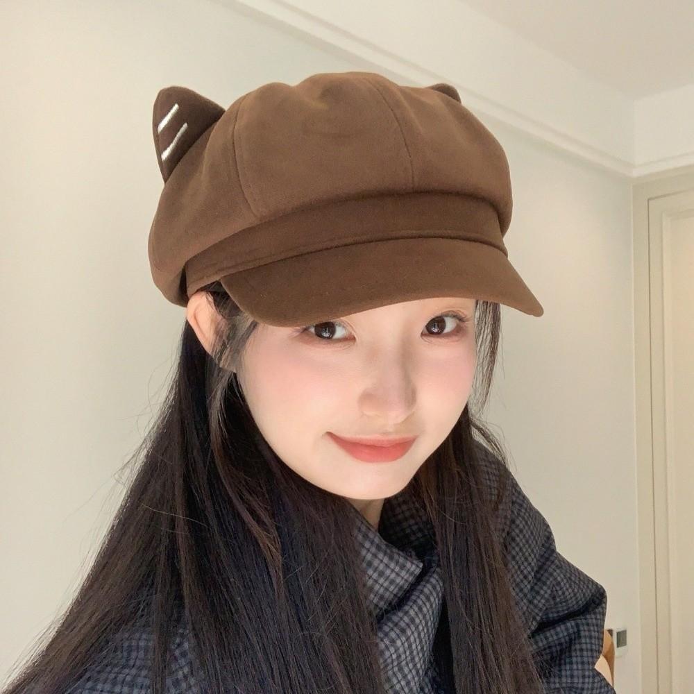 Woolen Cat Ear Hat Solid Color Octagonal Cap Retro British Beret Hat  Painter