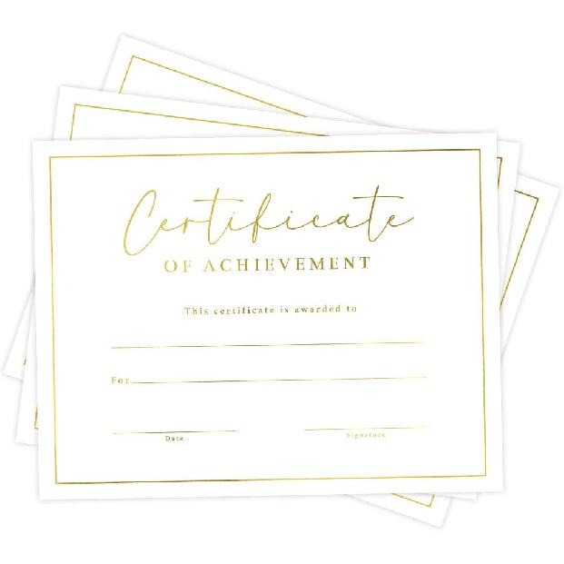 Certificate of Achievement Awards, 25 Blank Certificates of Achievement with Gold Foil Design, 8.5x11", Award Certificates for Students, Recognition,
