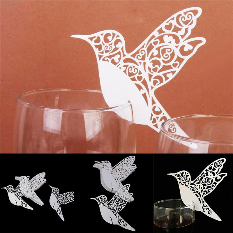 Птица Свадебные карточки с именами для бокалов вина лазерная резка на перламутровой карточке