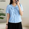 VONDA Женская блузка с лацканами, короткими рукавами, пуговицами, бантом, повседневная, укороченная