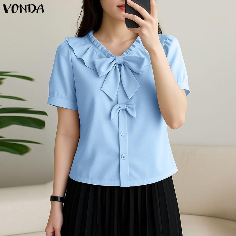 VONDA Женская блузка с лацканами, короткими рукавами, пуговицами, бантом, повседневная, укороченная