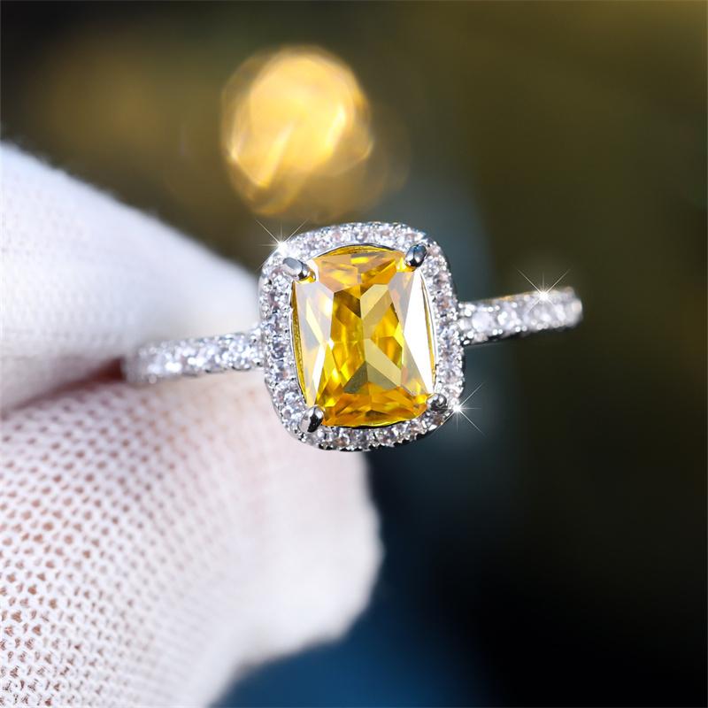 Модное серебристое кольцо прямоугольной огранки с желтым камнем, роскошное обручальное кольцо с любовью, свадебные украшения
