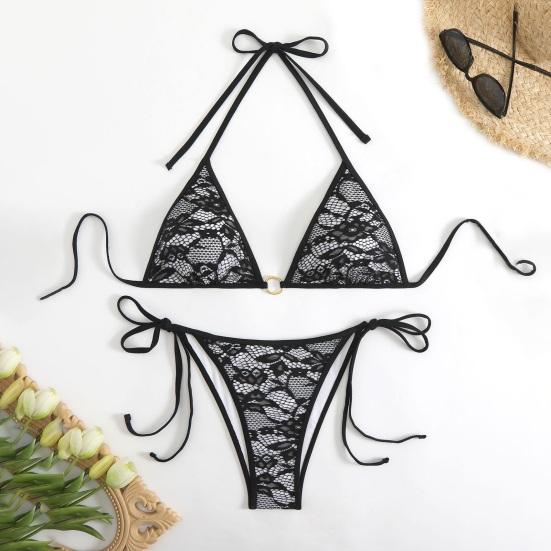 2Pcs/Set Women Bikini Set Halter Swimsuit with Bow Lace-ups Low-rise Swimming Trunks Set
