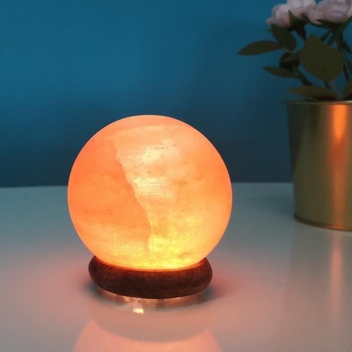 ZEN'AROME - Lampe USB en Cristal de Sel d'Himalaya Sphère - Sculptée à la main - Base en bois - 8 cm x 8 cm