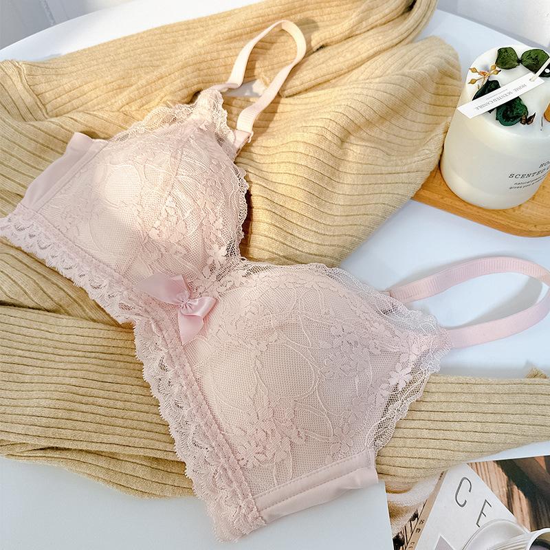French lace gather and show large underwear women's no steel ring adjustment type sexy pull-up support collection breast bra set