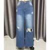 Women Street Ripped Hole Denim Jeans Ladies High Waist Wide Leg Straight Pants Full Length Long Trousers