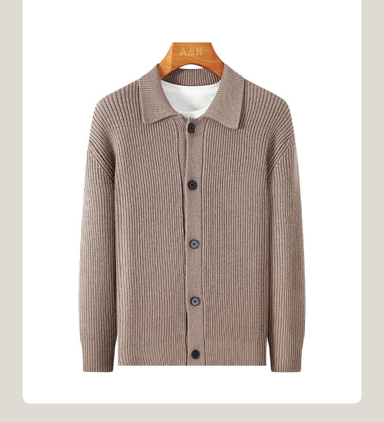 Classic and Versatile Coarse Needle Knitted Cardigan Men's Autumn Sweater Coat with 100% Sheep Wool Old Money Style