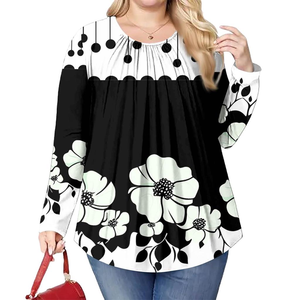 Женский модный топ большого размера с принтом, повседневный плиссированный, с круглым вырезом и длинными рукавами