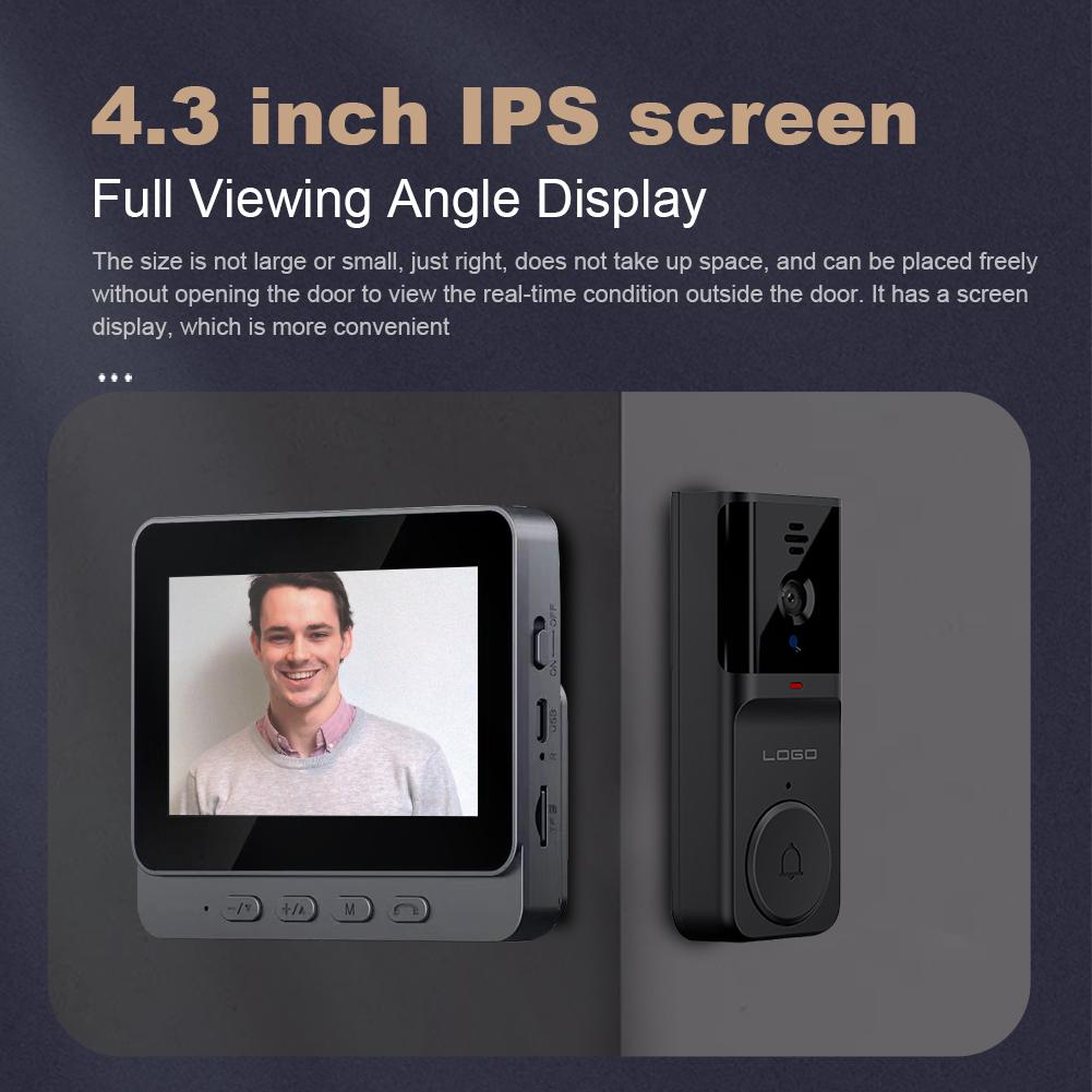 Беспроводной дверной звонок 2,4G Wi-Fi Умный видеодомофон 4,3-дюймовый IPS-дисплей Видеодомофон Двусторонняя аудиосвязь Инфракрасное ночное видение