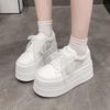 Fashion Genuine Leather/lace Mesh Flat Womens White Sneaker Summer Round Toe Platform 7.5CM Thick Botton Lace-up Sports Shoes