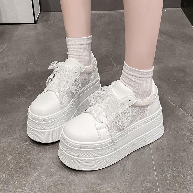 Fashion Sexy Lace Mesh Flat Lace-up Womens Shoes White Summer Round Toe Platform Thick Botton Genuine Leather Sneaker Zapatillas Mujer