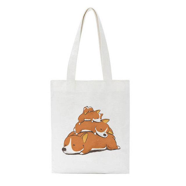 Женская сумка, модная холщовая сумка Kawaii Corgi с буквенным принтом, повседневная большая вместительная женская сумка Harajuku, новая забавная винтажная сумка-шопер с героями мультфильмов, сумки на плечо