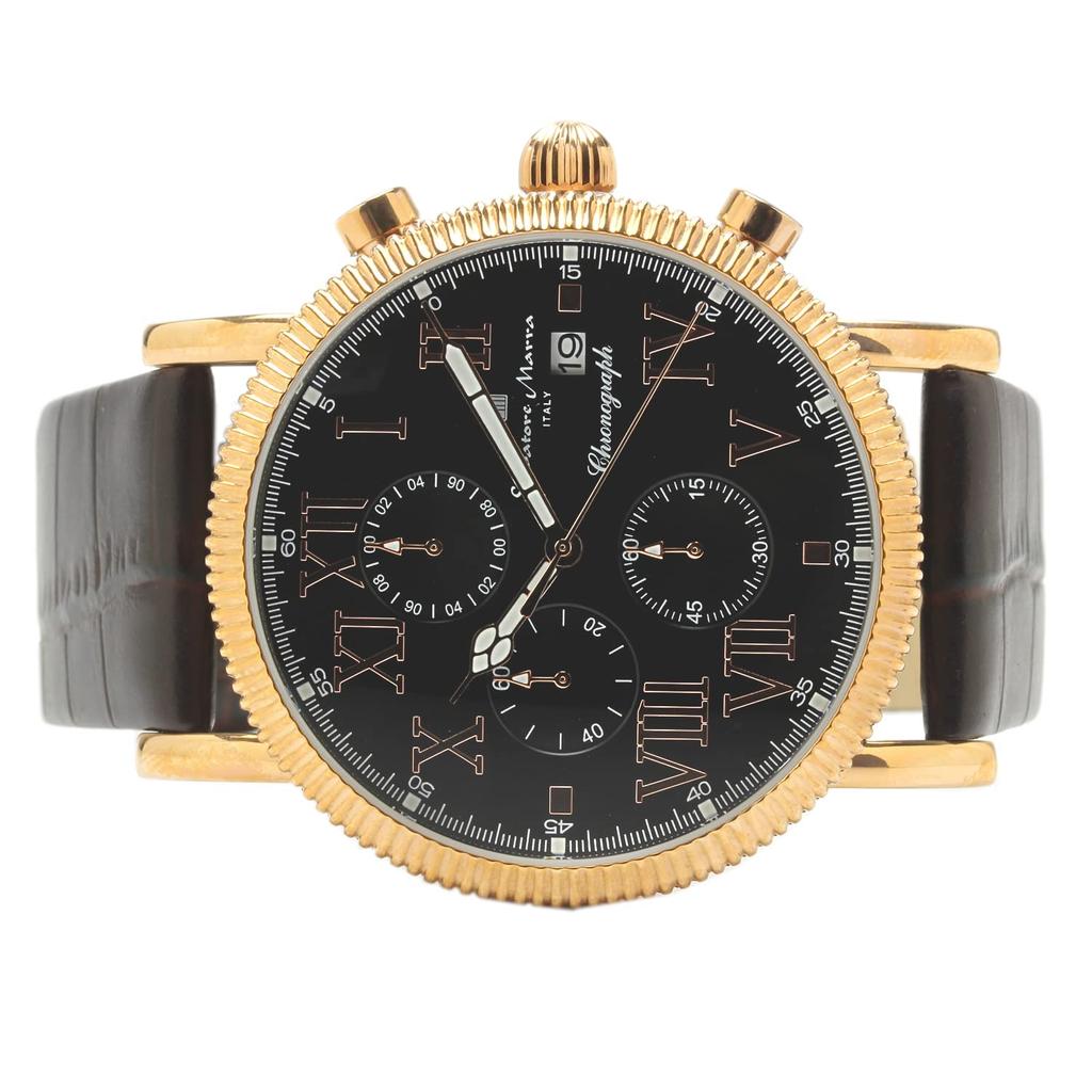 Часы-хронограф с кожаным ремешком, водонепроницаемость 5 АТМ, черный, розовое золото [Salvatore Mara], мужские SM19109-PGBK2