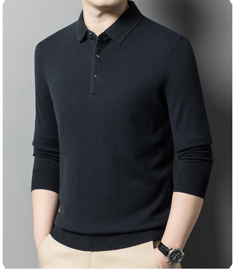 Men's Pure Wool Lapel Sweater: New Style Solid Color Casual Knit Pullover