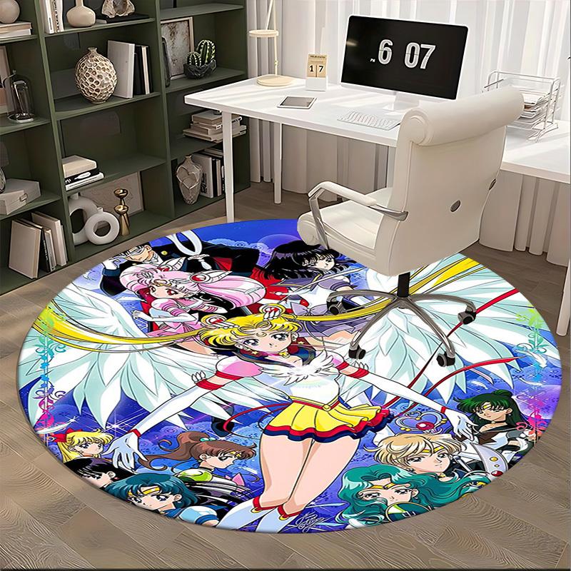 1pc Sailor Moon Anime Cartoon Design Round Carpet Office Chair Mat, NonSlip Rug for Home Decor, Living Room, Bedroom, Game Room