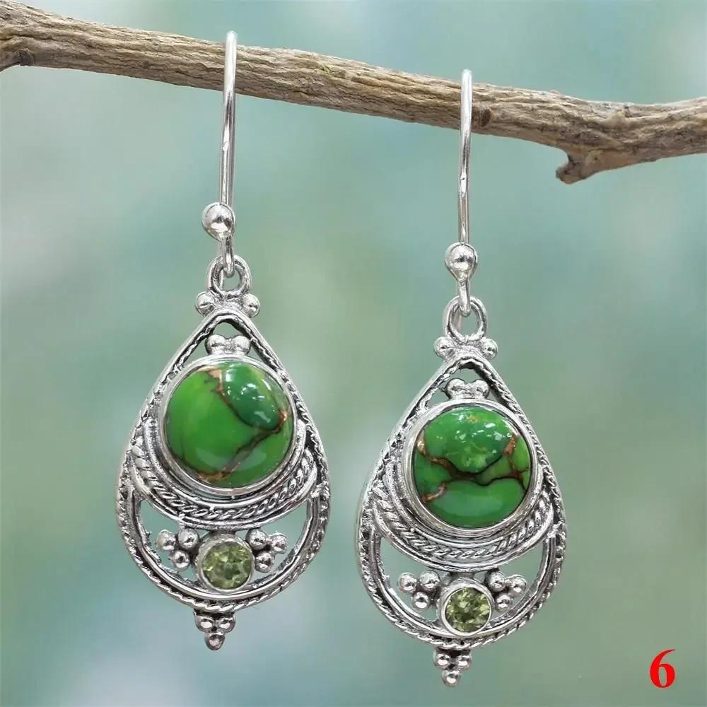 Women Natural Charm Multi-Gemstone Rainbow Moonstone & Peridot & Amethyst & Turquoise Pendant Earrings Vintage Jewelry