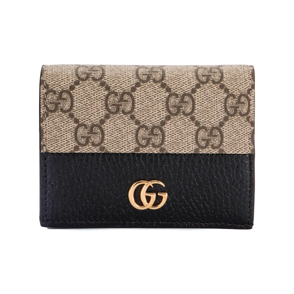 GUCCI Marmont GG Canvas and Leather Bifold Card Wallet with Gold Logo and Vintage Pattern for Women Beige and Black