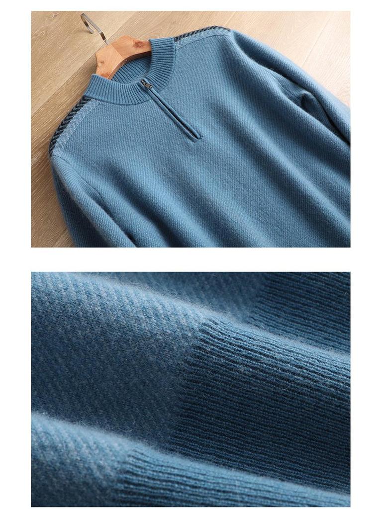 Men's Cashmere Half-Zip Pullover: Youthful Round Neck, Thick Wool Sweater, Plus Size, Casual Autumn/Winter Knitwear.