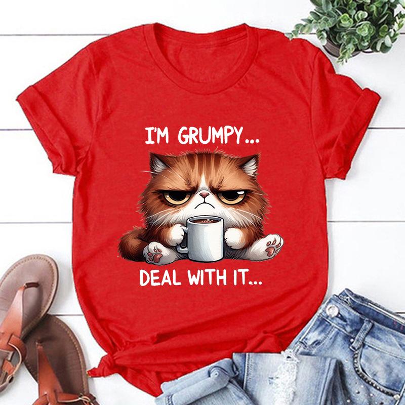 New Funny Cat IM Grumpy Deal with Is TShirt Short Sleeve O Neck Summer Casual Letter Printing Women TShirt Aesthetic Top Tee