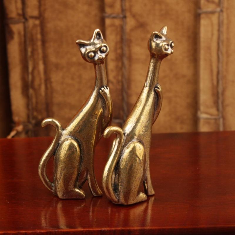 Brass Long Neck Cat Ornament Chinese Retro Handicraft Small Copper Abstract Ornament Figurines Bedroom Desktop Ring Storage Rack