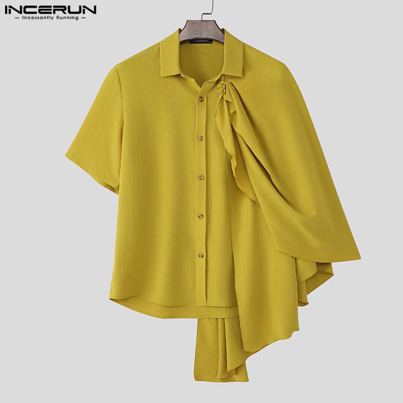INCERUN Мужские рубашки с воротником-лацканом, коротким рукавом, пуговицами, оборками и слоями в стиле пэчворк, повседневные рубашки-накидки