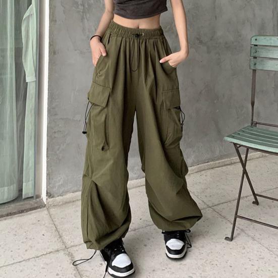 Women Cargo Pants Hip Hop Baggy Solid Color Multi Pockets Elastic Waist Match Top Loose Breathable Lady Trousers