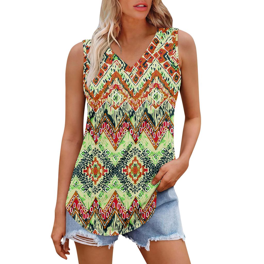 Женская майка с V-образным вырезом и принтом, повседневная майка, свободный крой, топы без рукавов, струящиеся