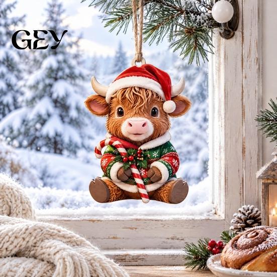 Wooden Hanging Decor for Christmas Tree Highland Cow Ornament, 2D Cute Shape Ornaments with String, Farmhouse Animal Holiday Party Decoration