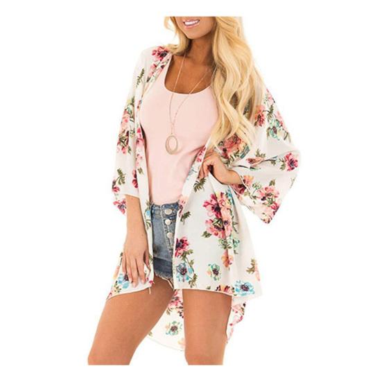 Women Floral Leopard Print Half Sleeve Shawl Cardigan Bikini Cover Up Blouse Top