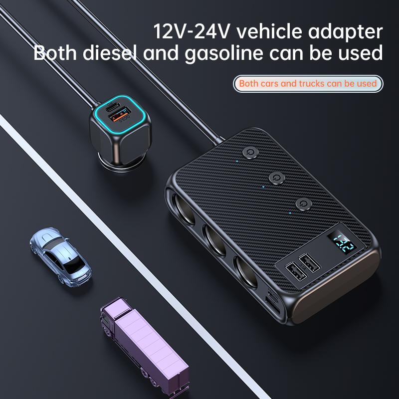 3 Socket Auto Socket Lighter Splitter 9 In 1 Car Charger Adapter with PD+QC3.0 Quick Charge,171W 12V/24V Independent Switches DC for All Car