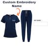 DIY Именная Вышивка Кастомизация Женская Униформа Быстросохнущая Ткань Однотонный V-образный Вырез Карман Короткий Рукав Брючный Костюм Рабочая Одежда для Няни
