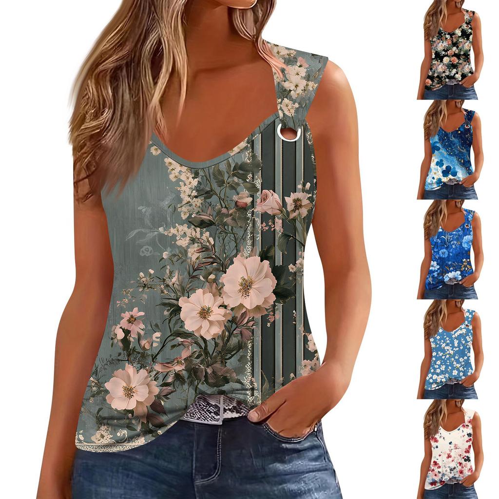 Womens Tank Top V Neck Basic Printed Casual Flowy Sleeveless Deep Side Cut Tops For Women