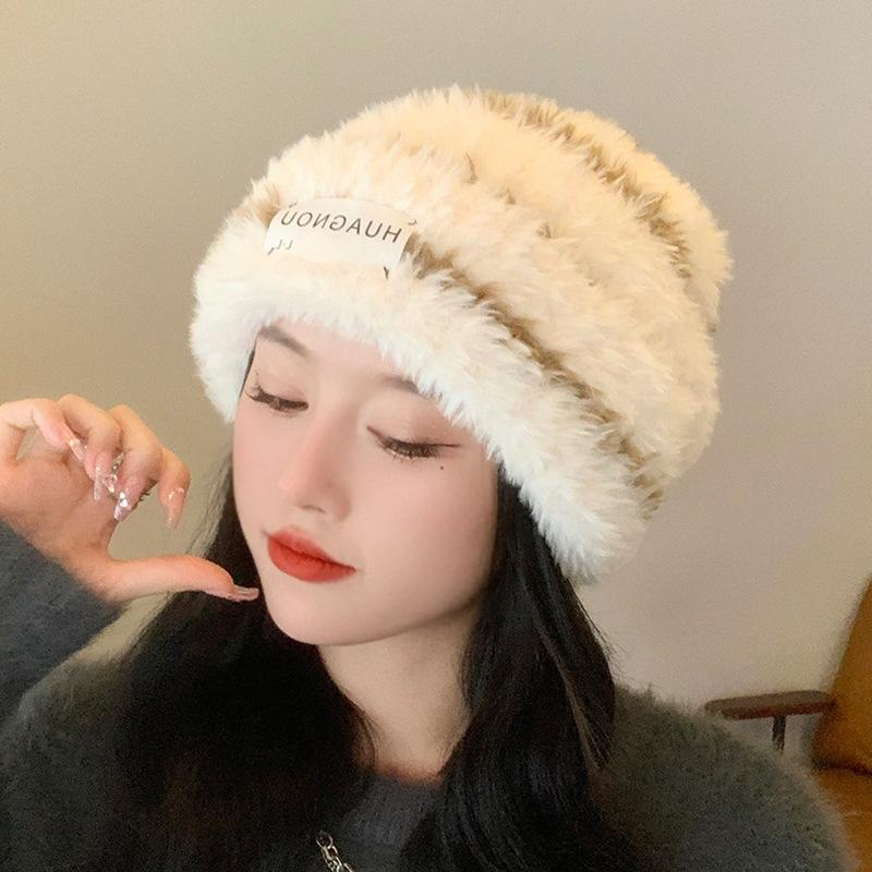 Шапка женская зимняя полосатая плюшевая вязаная шерстяная шапка теплая защитная крышка для ушей