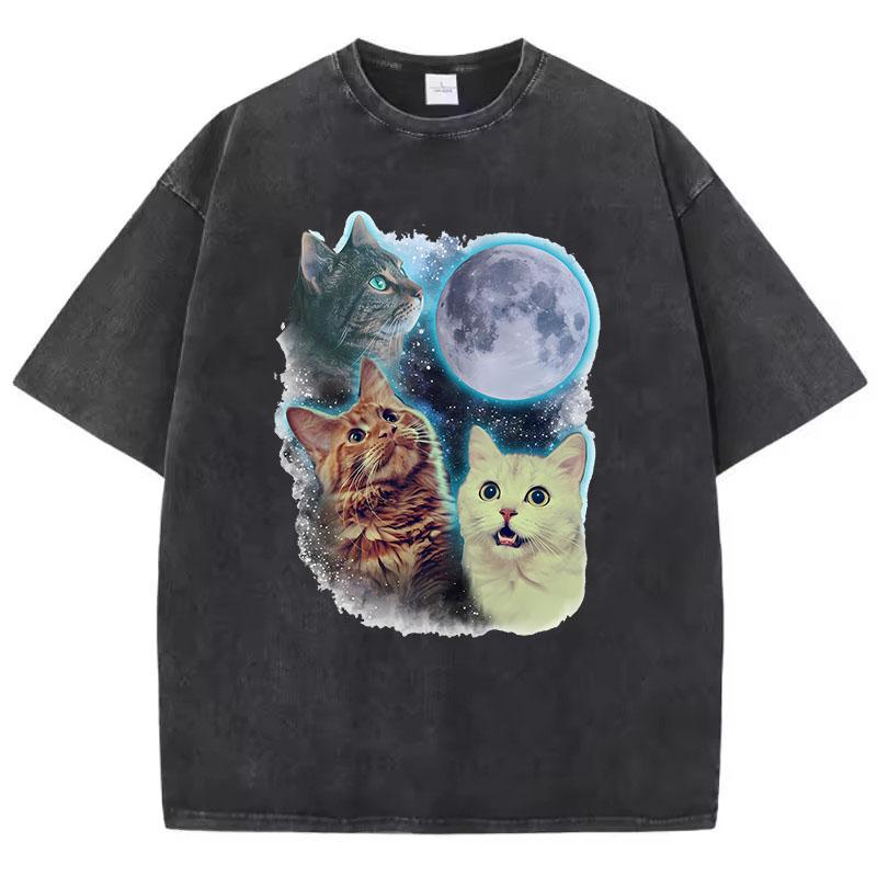 Funny T Shirt Vintage Washed  Cotton TShirt Cat Moon Star Graphic Tee Casual Streetwear Spring Summer Top Tee