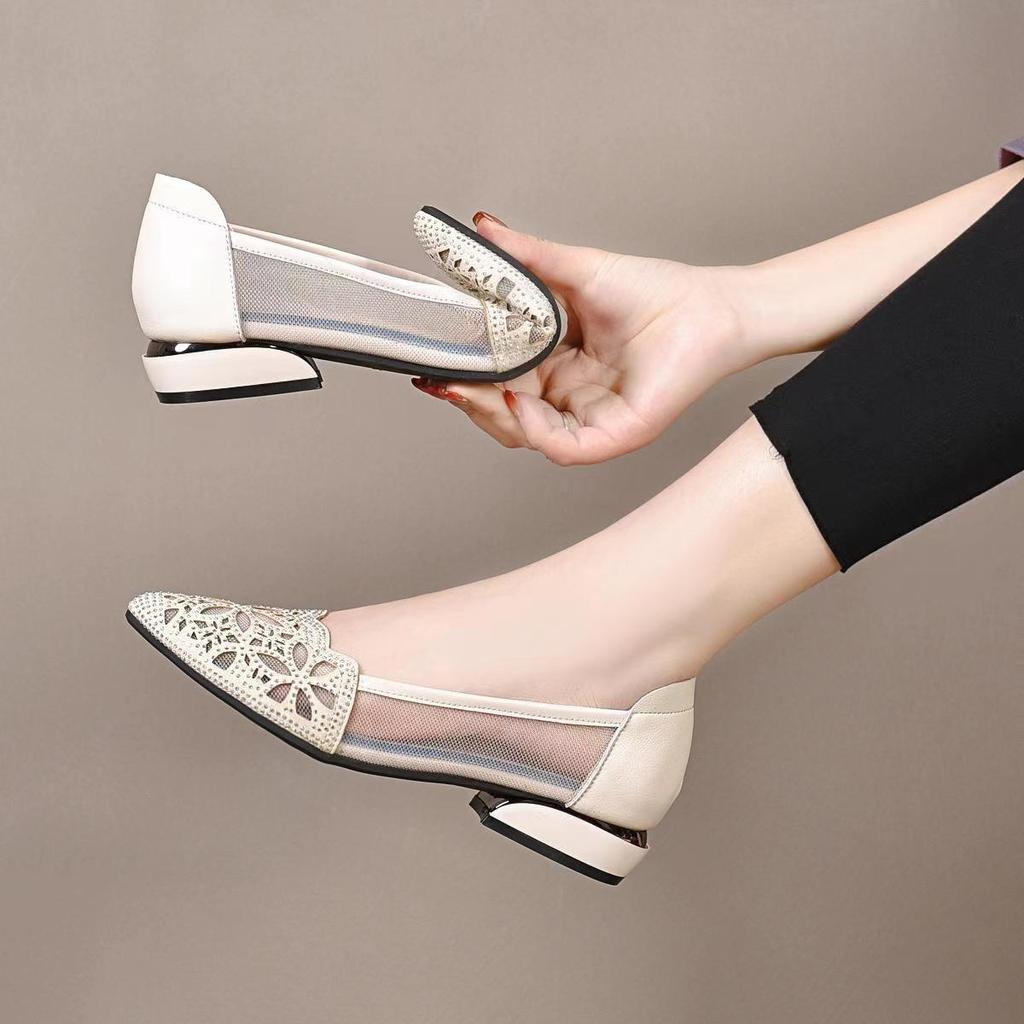Hollow Out Sparkling Diamond Pointed Shoes for Women Spring and Summer Shoes with Thick Heels and Soft Soles Single Shoes